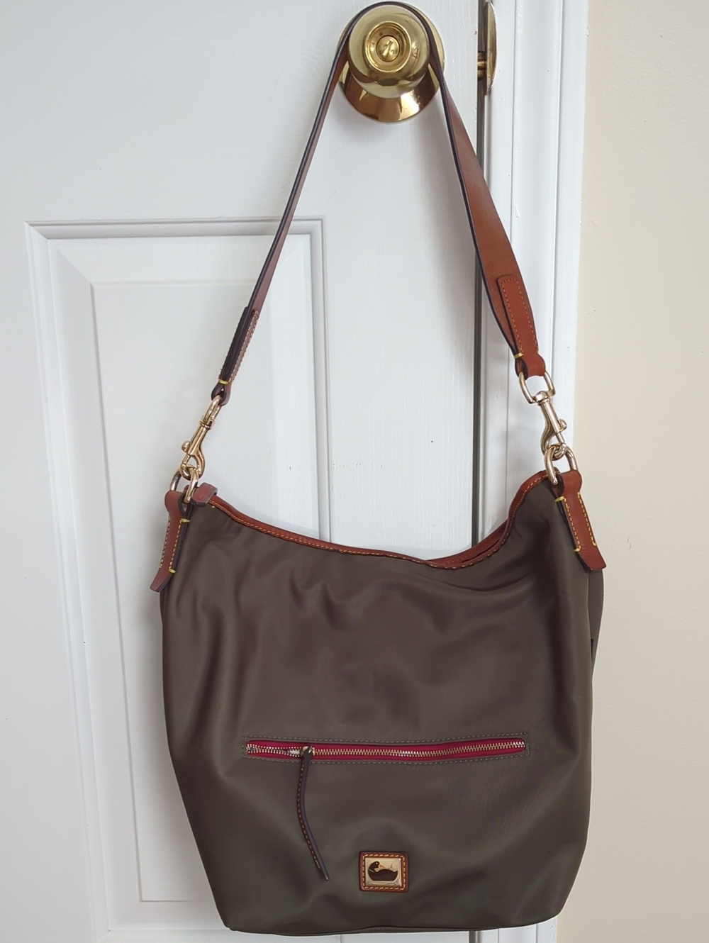 Vintage Dooney & Bourke Olive Nylon Hobo & Matching Coin Pouch Chestnut Trim